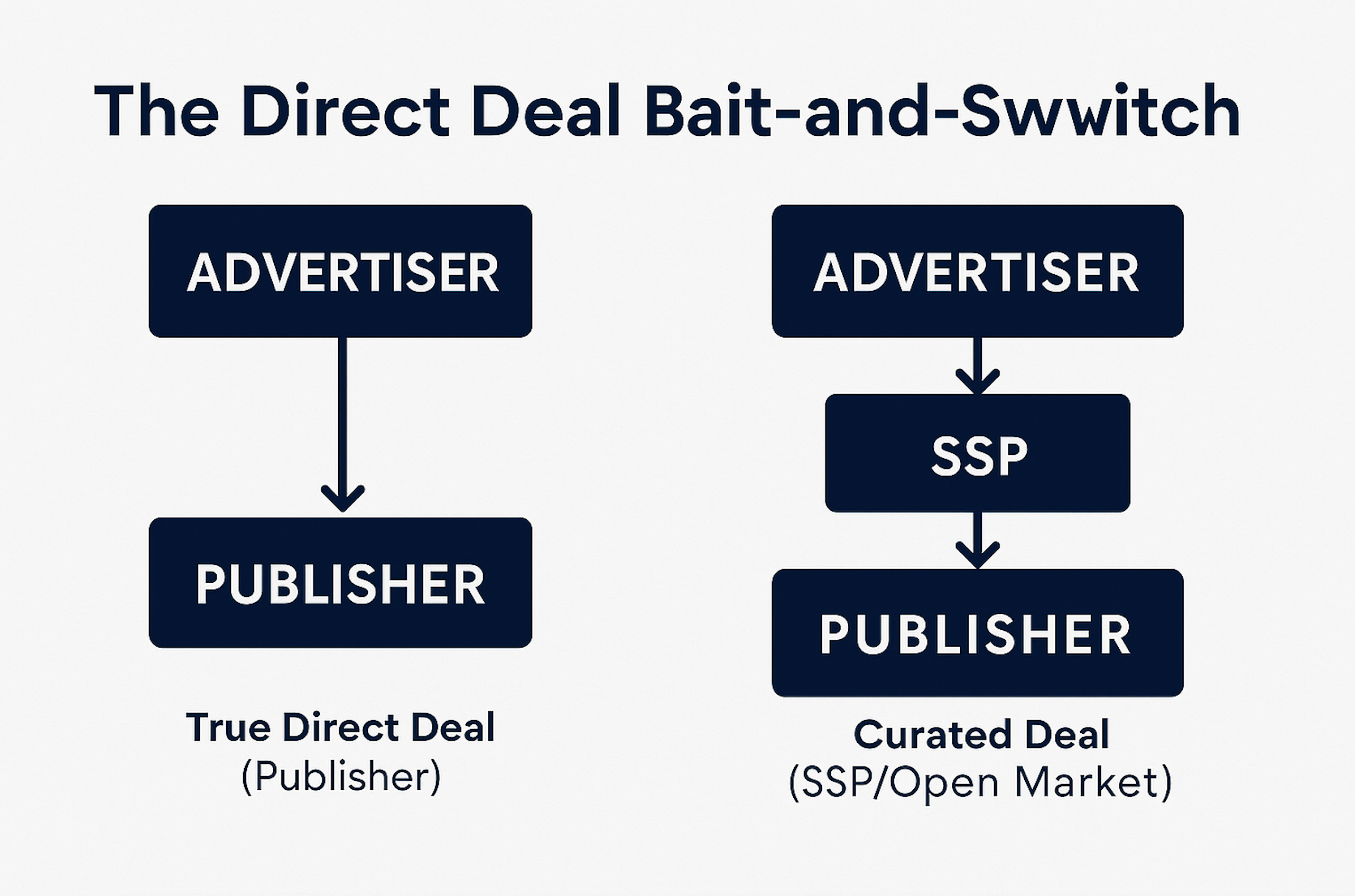 Diagram comparing a true direct deal (advertiser to publisher) vs. a curated deal (advertiser to SSP to publisher).